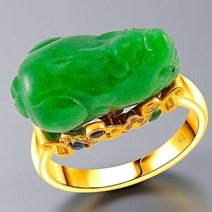 Green Burmese Jade 22.30 ctw & Multi Gemstone Pixiu Ring in 18K YG Vermeil